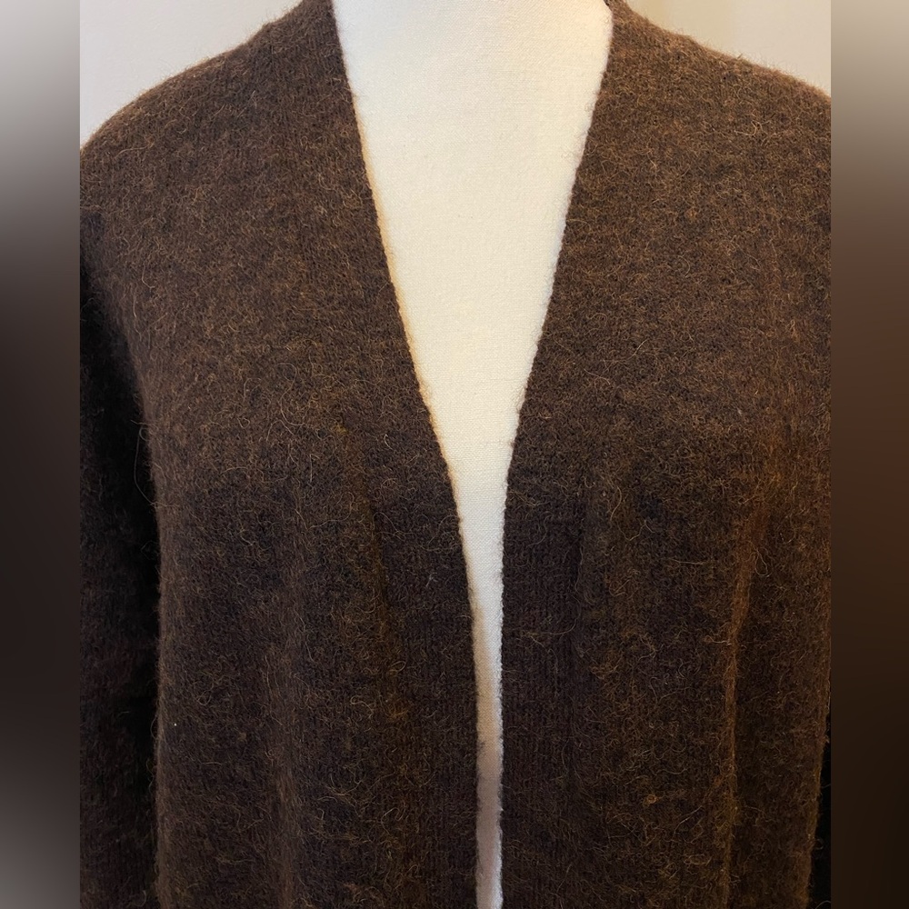 Wool Alpaca Blend Chocolate Brown Open Front Cardigan Large fuzzy cozy Normcore